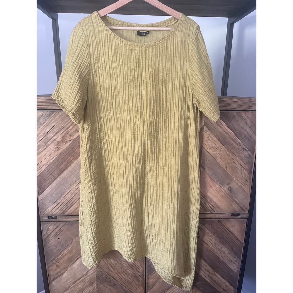 Lisa Bayne Asymmetric Shirt Dress Small Lagenlook Gauzy Linen Blend Yellow